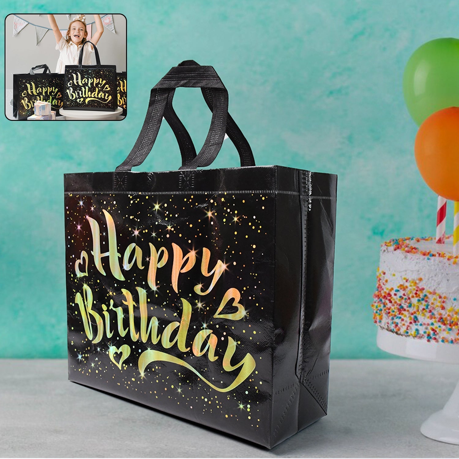 Birthday Gift Bag with Gold Shiny Stars, Reusable Party Gift Bags (1 Pc)