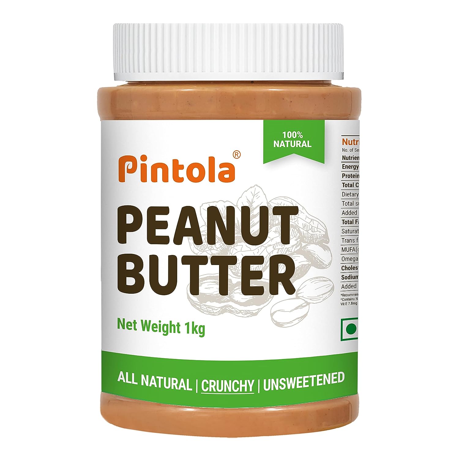 Pintola All Natural Peanut Butter Crunchy Vegan Peanut Butter, 100% Pure Roasted Peanuts | Non Gmo | High in Protein Spread, Gluten & Cholesterol Free, Nut Butter
