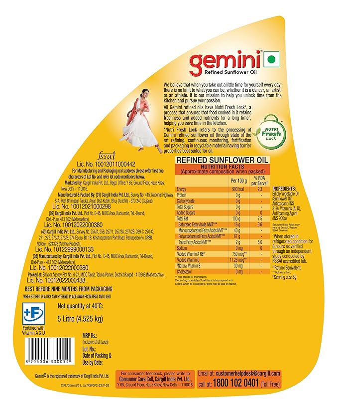 Gemini Refined Sunflower Oil - With Nutri Fresh Technology, 5 L Jar